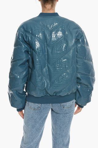 Eco-patent Leather Padded Bomber Jacket with Python Effect