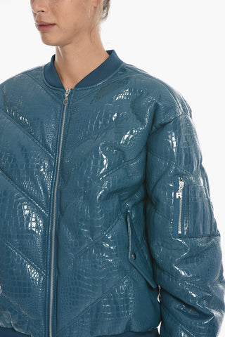 Eco-patent Leather Padded Bomber Jacket with Python Effect
