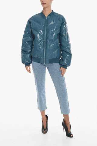 Eco-patent Leather Padded Bomber Jacket with Python Effect