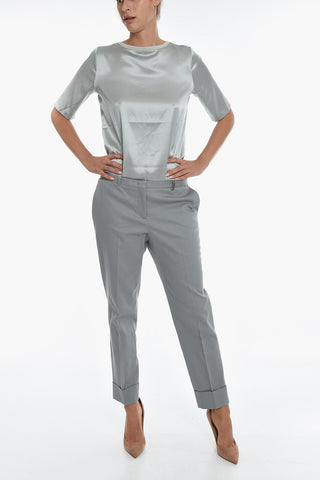 High Waisted Regular Fit Pants With Cuffed Ankles