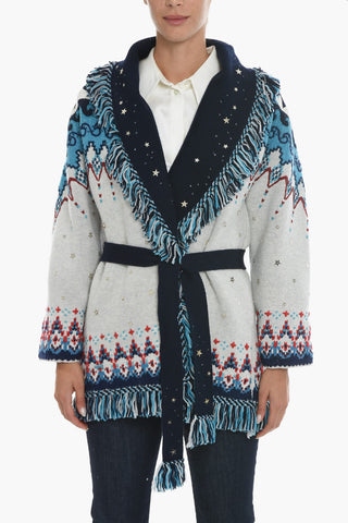 Cardigan in Misto Lana con Perline e Frange