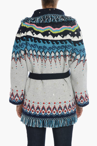 Cardigan in Misto Lana con Perline e Frange