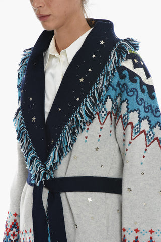 Cardigan in Misto Lana con Perline e Frange