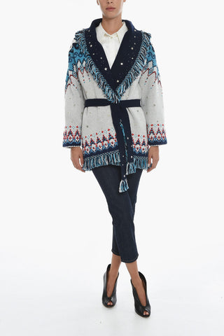 Cardigan in Misto Lana con Perline e Frange