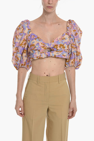 Floral Motif Crop Top with  heart-shaped neckline and Cut-Out Details