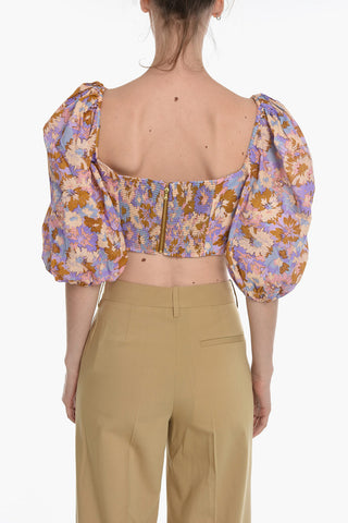 Floral Motif Crop Top with  heart-shaped neckline and Cut-Out Details