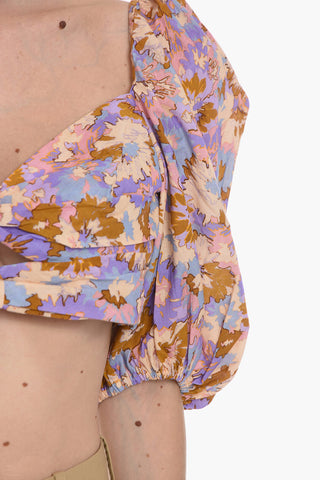 Floral Motif Crop Top with  heart-shaped neckline and Cut-Out Details