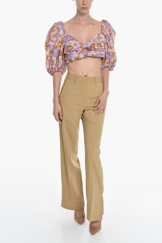 Floral Motif Crop Top with  heart-shaped neckline and Cut-Out Details