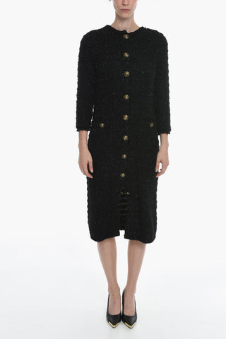 Buttoned Wool Blend Tweed Dress