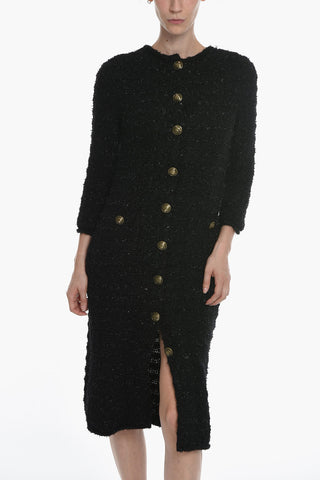 Buttoned Wool Blend Tweed Dress