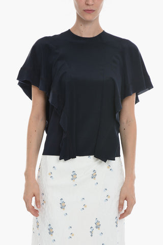 Crew-neck Blouse with Volant Short Sleeves