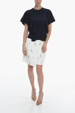 Crew-neck Blouse with Volant Short Sleeves