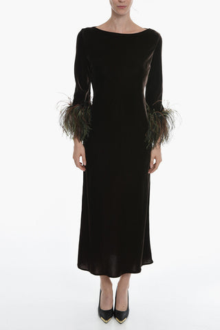 Maxi Vestito In Velluto Con Polsini Staccabili Con Piume