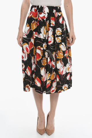 Eyelash Fabric Flared Midi Skirt with Floral Pattern