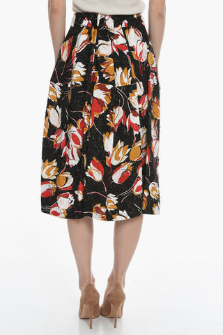 Eyelash Fabric Flared Midi Skirt with Floral Pattern