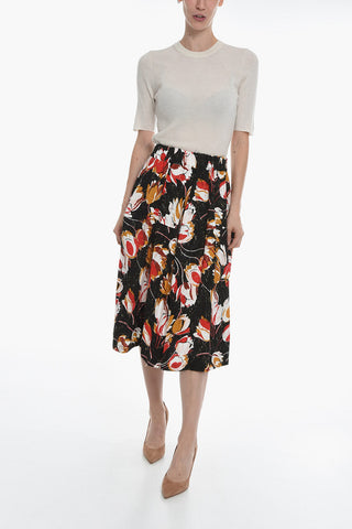 Eyelash Fabric Flared Midi Skirt with Floral Pattern
