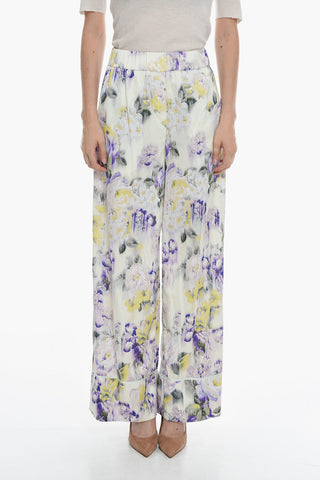 SEASONAL Elastic Waistband SATIN PAJAMA Pants with Floral Pattern