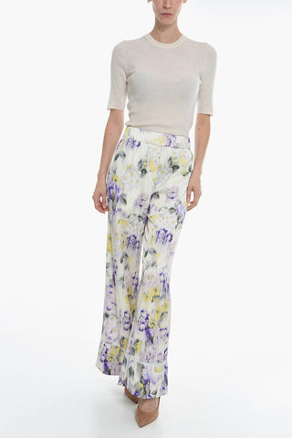 SEASONAL Elastic Waistband SATIN PAJAMA Pants with Floral Pattern