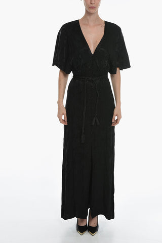 Jacquard Satin Floral Patterned Dress with Covered Buttons