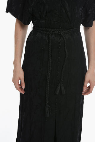 Jacquard Satin Floral Patterned Dress with Covered Buttons