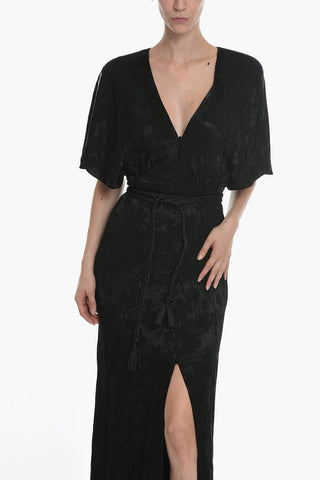 Jacquard Satin Floral Patterned Dress with Covered Buttons