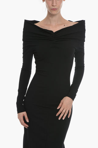 Gathered Long Sleeved Maxi Dress With Boat Neckline
