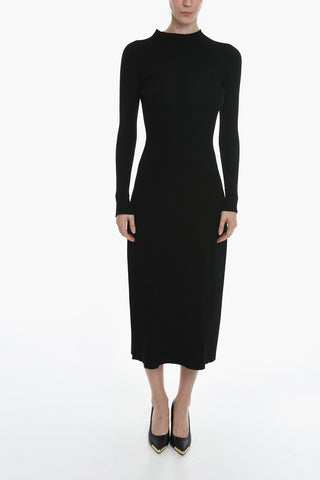 Maxi Vestito A Maniche Lunghe Elasticizzato A Costine 