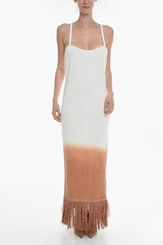 Sleeveless Cotton-Kint Maxi Dress With Fringes