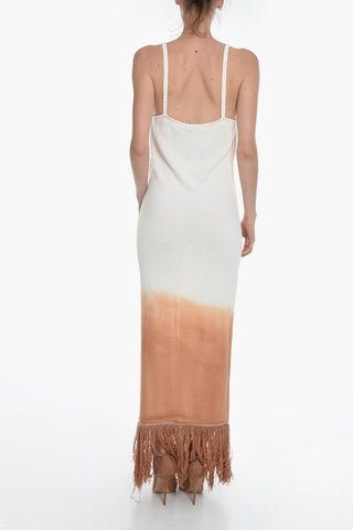 Sleeveless Cotton-Kint Maxi Dress With Fringes