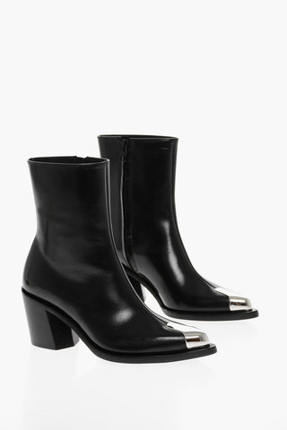 Side Zip Leather Booties with Point Metal Toe 7cm