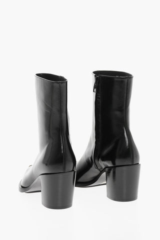 Side Zip Leather Booties with Point Metal Toe 7cm