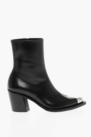Side Zip Leather Booties with Point Metal Toe 7cm