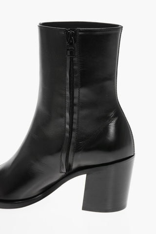 Side Zip Leather Booties with Point Metal Toe 7cm