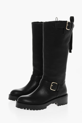 Leather Mid Biker Boots with Buckles