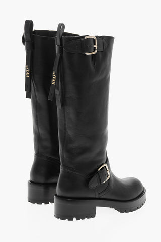 Leather Mid Biker Boots with Buckles