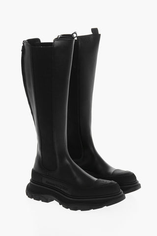 Knee Lenght Leather Chelsea Boots with Back Zip