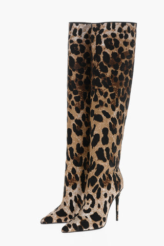 Over-the-knee Point Toe Boots with Leopard Motif and Stiletto Heel 10cm