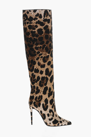 Over-the-knee Point Toe Boots with Leopard Motif and Stiletto Heel 10cm