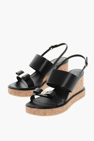 Leather GIUDITH Sandals with Bow and Cork Wedge 8cm