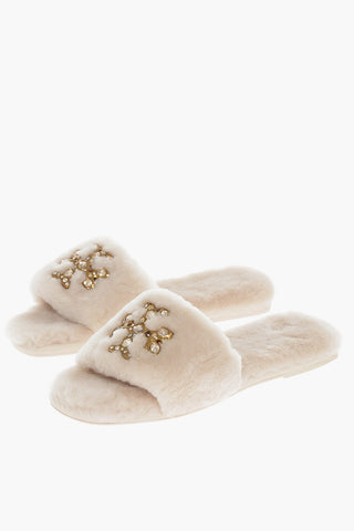 Logo Jeweled Buckle Teddy Slippers