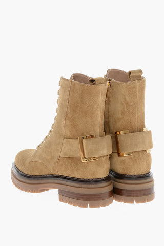 Lace-up SOFTY Suede Combat Booties with Back Buckle
