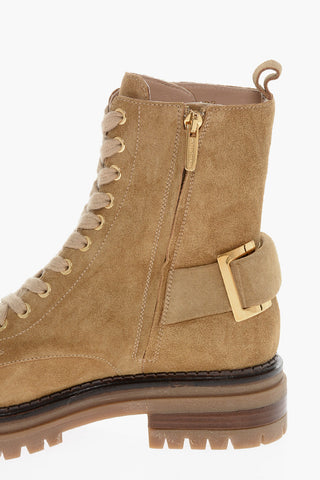 Lace-up SOFTY Suede Combat Booties with Back Buckle