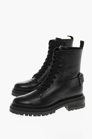 Lace-up Leather Combat Booties with Back Buckle