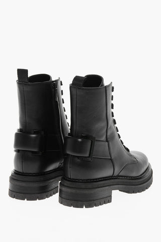 Lace-up Leather Combat Booties with Back Buckle