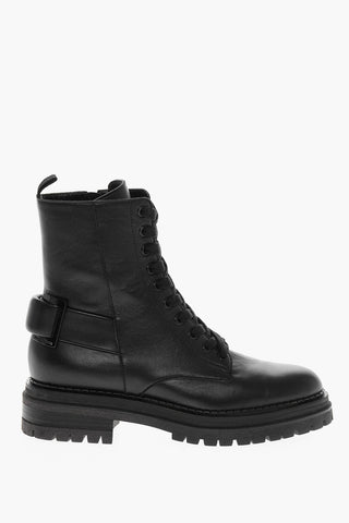 Lace-up Leather Combat Booties with Back Buckle