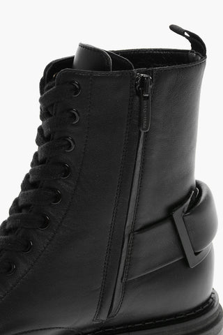 Lace-up Leather Combat Booties with Back Buckle