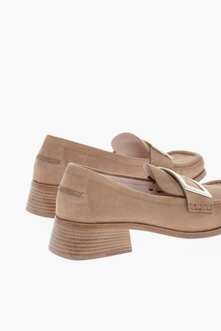 Golden Buckle Suede Penny Loafers