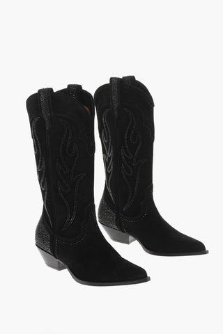 Suede COWBOY Mid Western Boots with Crystals