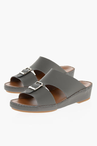 Double-band Leather Sandals with Front Buckle