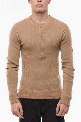 Crew Neck Distressed Virgin Wool Sweater with Buttoned Neck